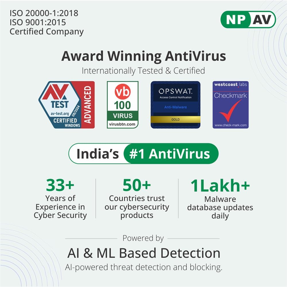 Net Protector Antivirus - Internet Security 2026 | 1 User - 1 Year  | Secure Shopping and Banking with ZeroVDeepLearn Ai 