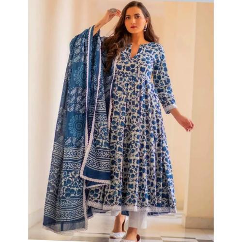 Blue Cotton Printed Kurti With Pant & Dupatta Set