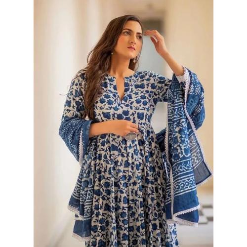 Blue Cotton Printed Kurti With Pant & Dupatta Set