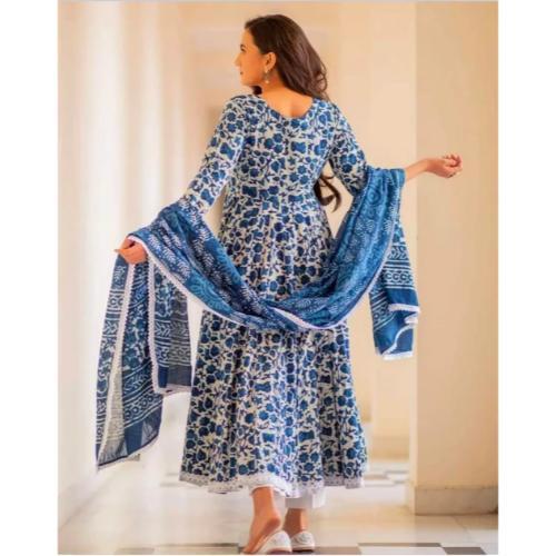 Blue Cotton Printed Kurti With Pant & Dupatta Set