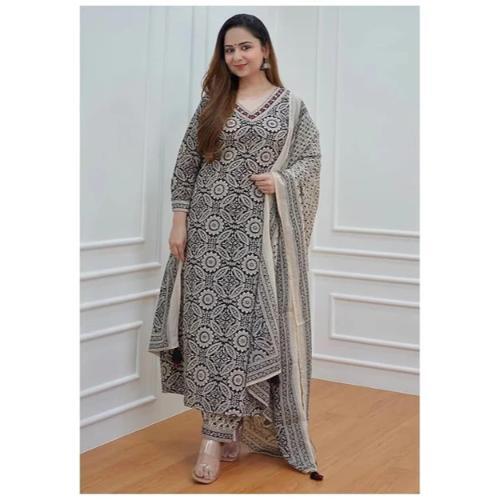 Black & Off White Floral Afghani Kurti With Pant & Dupatta Set