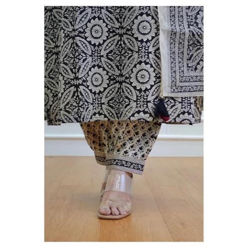 Black & Off White Floral Afghani Kurti With Pant & Dupatta Set