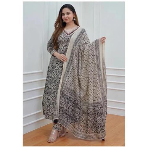 Black & Off White Floral Afghani Kurti With Pant & Dupatta Set