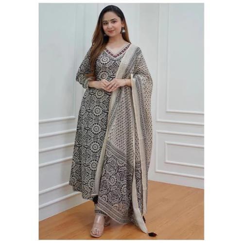 Black & Off White Floral Afghani Kurti With Pant & Dupatta Set