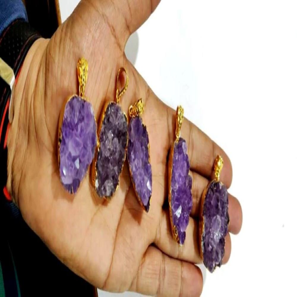 Natural Amethyst Raw Druzy Pendant , 24 Kt Gold Electroplated FreeForm Shape Druzy Size 30to40mm Pendant