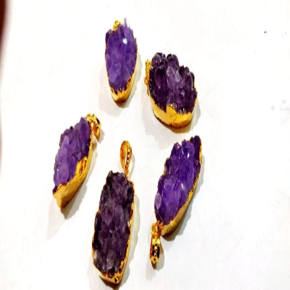 Natural Amethyst Raw Druzy Pendant , 24 Kt Gold Electroplated FreeForm Shape Druzy Size 30to40mm Pendant