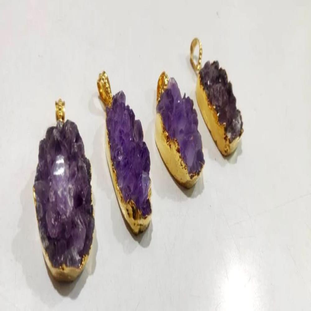 Natural Amethyst Raw Druzy Pendant , 24 Kt Gold Electroplated FreeForm Shape Druzy Size 30to40mm Pendant