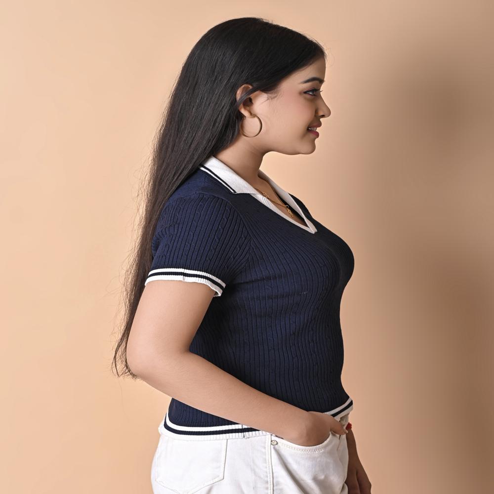 Women Ribbed Knitted Polo Collar Top - Stylish Ladies Casual Knitwear
