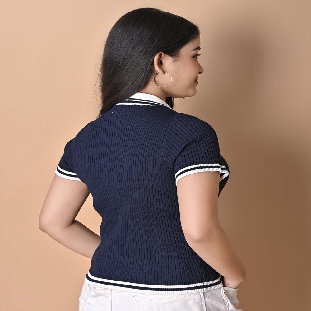 Women Ribbed Knitted Polo Collar Top - Stylish Ladies Casual Knitwear