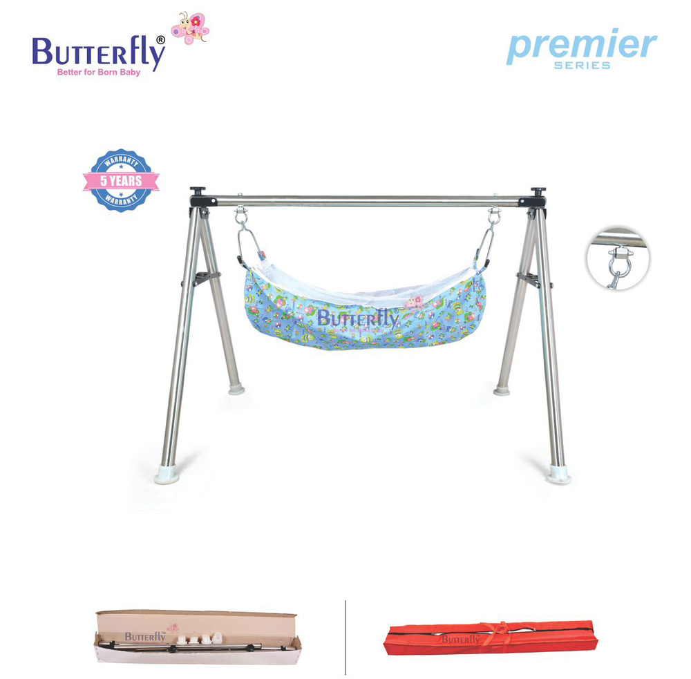 4ft 4FRP Round Folding SS Baby Cradles - FRP Frame Stainless Steel Stand, Blue Silver, Foldable Design, Mosquito Net