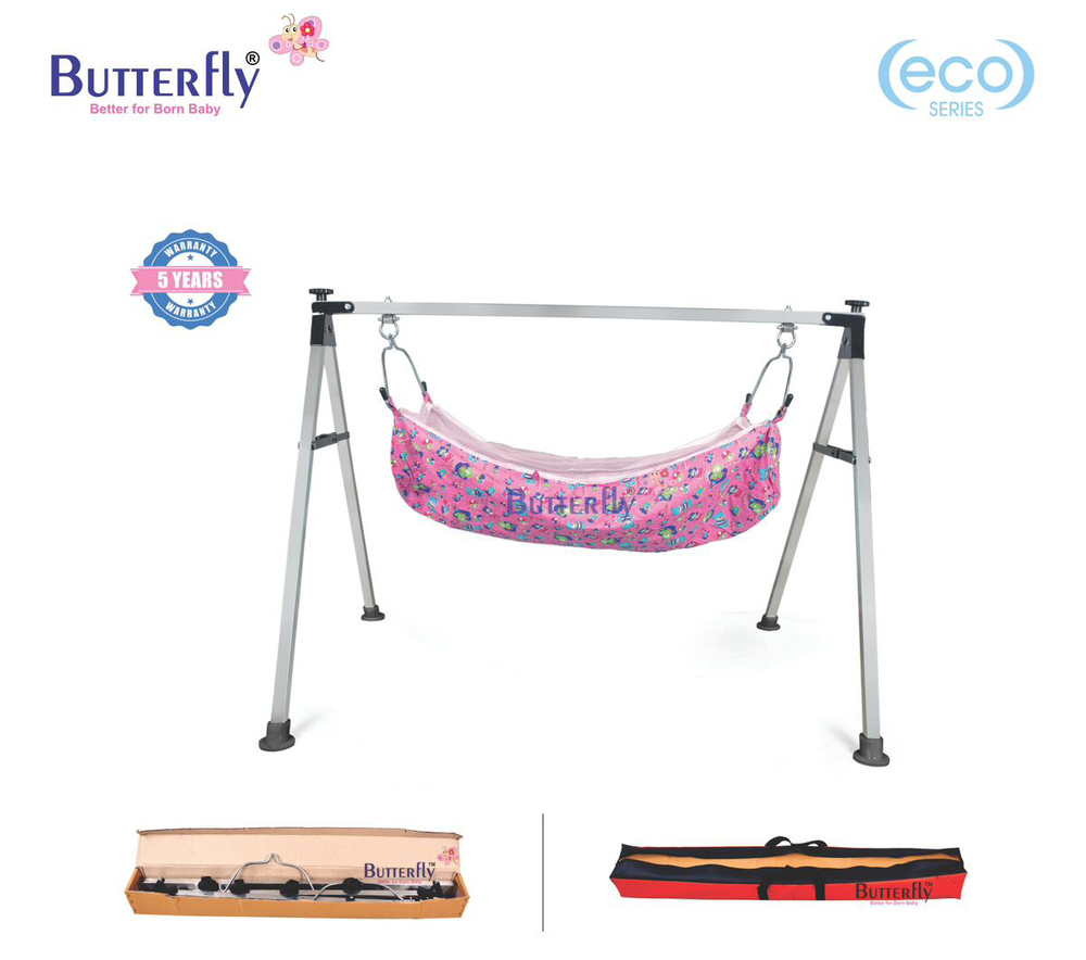 4ft 4FSE Square Baby Cradles - Mild Steel Frame, 4ft, Blue and White | Foldable, Swing Base, Mosquito Net