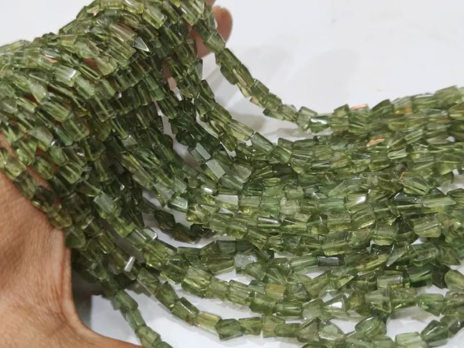 Natural Green Apatite Faceted Nugget Tumbled 5 to 8mm Beads Sold Per Strand 8 Inches Long