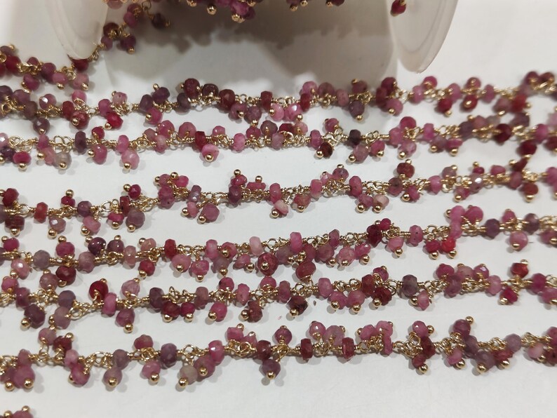 Natural Ruby Dangling Wire Wrapped Cluster 3mm Rondelle Faceted chain Sold Per Foot