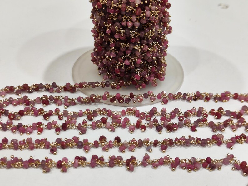 Natural Ruby Dangling Wire Wrapped Cluster 3mm Rondelle Faceted chain Sold Per Foot