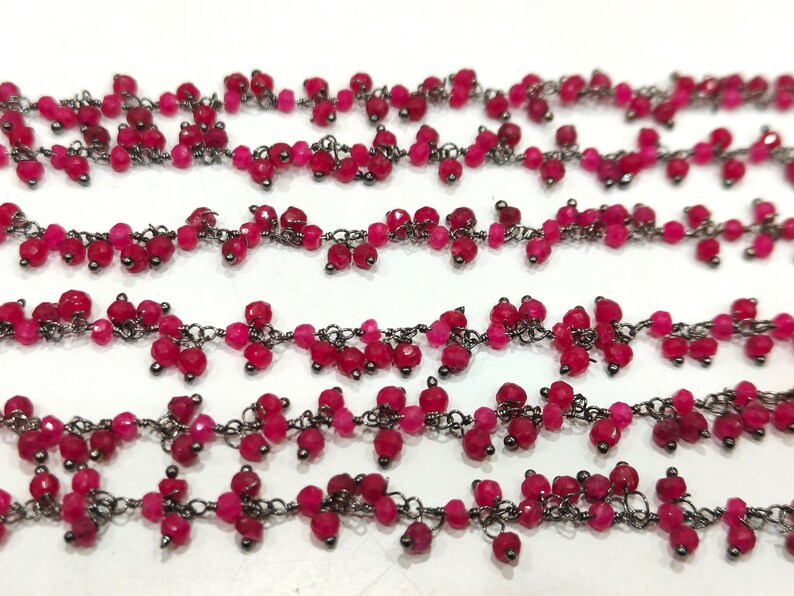 Ruby 3mm Rondelle Faceted Dangling Beaded Wire Wrapped Cluster Chains sold per foot