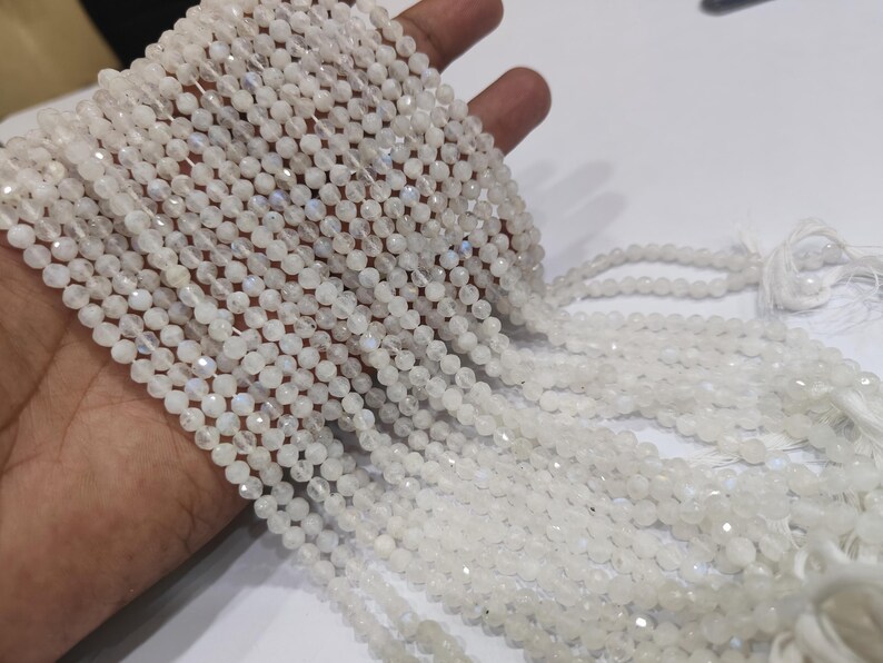 Natural White Rainbow Moonstone Round Faceted Beads 4-5mm Strand13 inches long