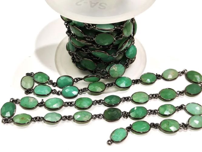 Natural Chrysoprase Oval Briolette Faceted 9x12mm Bezel Connector Chain Sold Per Foot