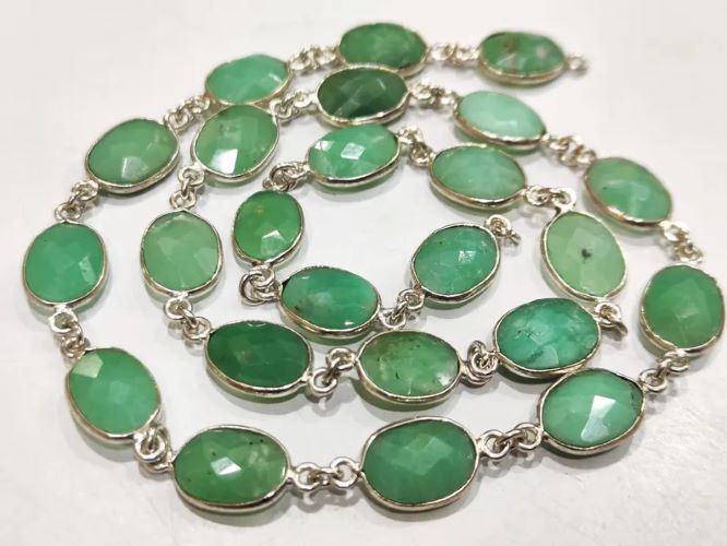 Natural Chrysoprase Oval Briolette Faceted 9x12mm Bezel Connector Chain Sold Per Foot