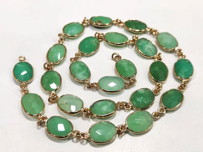 Natural Chrysoprase Oval Briolette Faceted 9x12mm Bezel Connector Chain Sold Per Foot