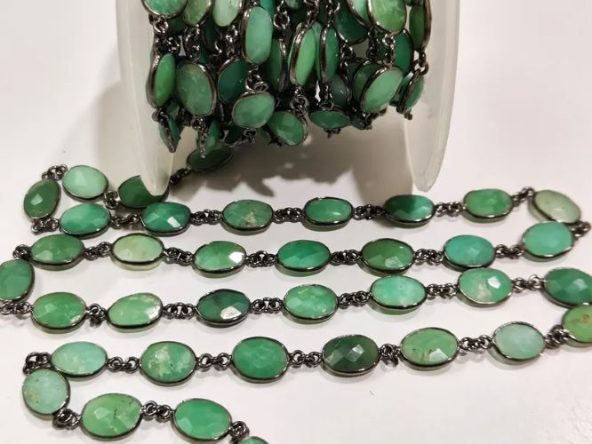 Natural Chrysoprase Oval Briolette Faceted 9x12mm Bezel Connector Chain Sold Per Foot