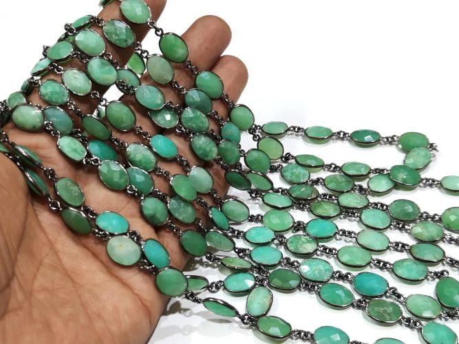 Natural Chrysoprase Oval Briolette Faceted 9x12mm Bezel Connector Chain Sold Per Foot