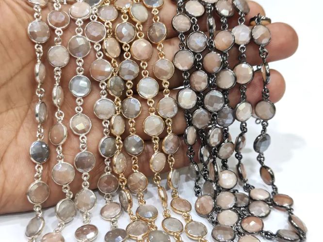 Natural Moonstone Multi Color AB Coated Coin Shape Briolette 9mm Bezel Connector Chain Sold Per Foot