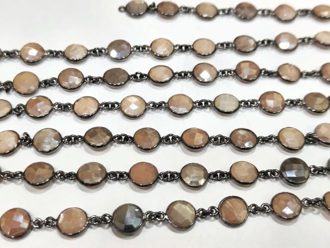Natural Moonstone Multi Color AB Coated Coin Shape Briolette 9mm Bezel Connector Chain Sold Per Foot