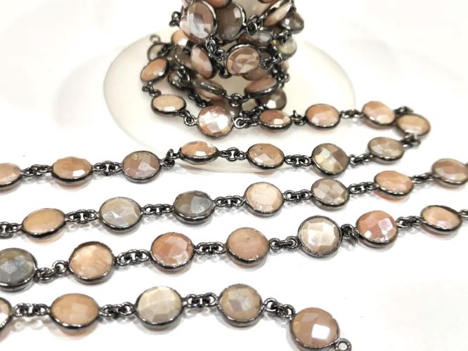 Natural Moonstone Multi Color AB Coated Coin Shape Briolette 9mm Bezel Connector Chain Sold Per Foot