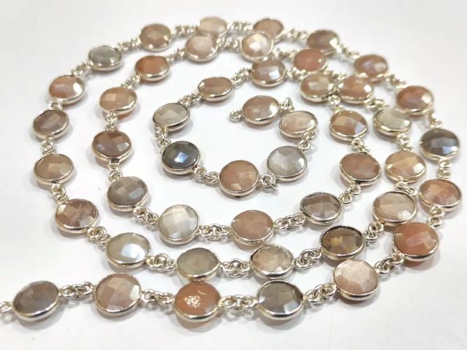Natural Moonstone Multi Color AB Coated Coin Shape Briolette 9mm Bezel Connector Chain Sold Per Foot