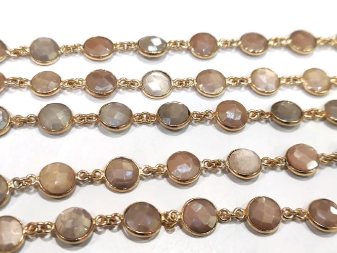 Natural Moonstone Multi Color AB Coated Coin Shape Briolette 9mm Bezel Connector Chain Sold Per Foot