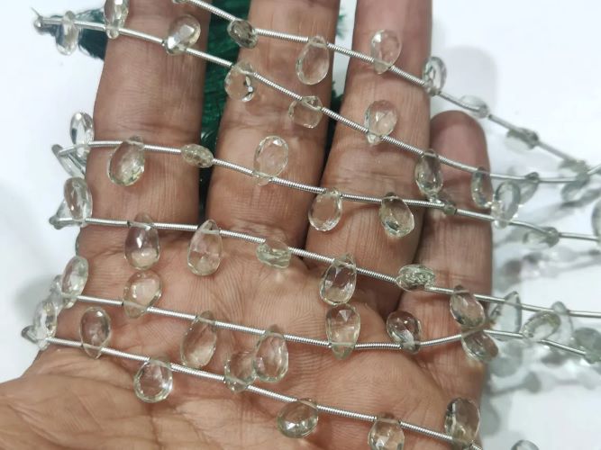 Natural Green Amethyst Pear Shape Briolette Faceted 6x10mm Graduated Beads Strand Size 8 inches long