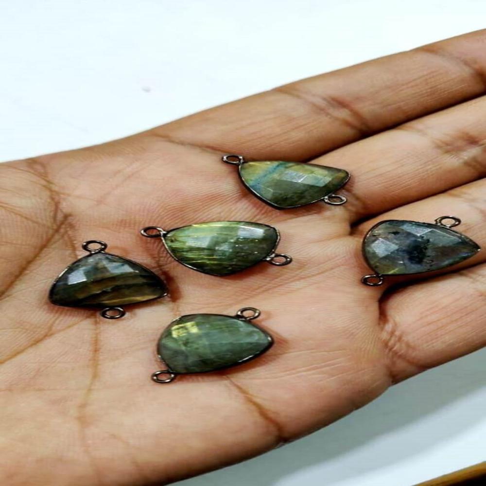 2 Pcs Set Natural Labradorite trillion cut Triangle Shape 14mm Briolette Connectors Gray Double Loop Bezel