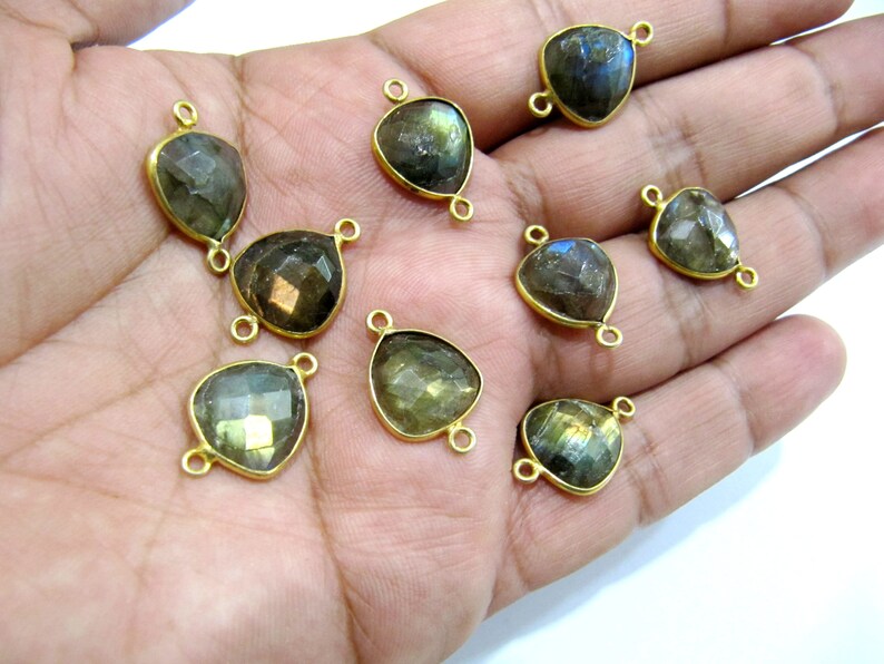 2 Pcs Set Natural Labradorite trillion cut Triangle Shape 14mm Briolette Connectors Gray Double Loop Bezel