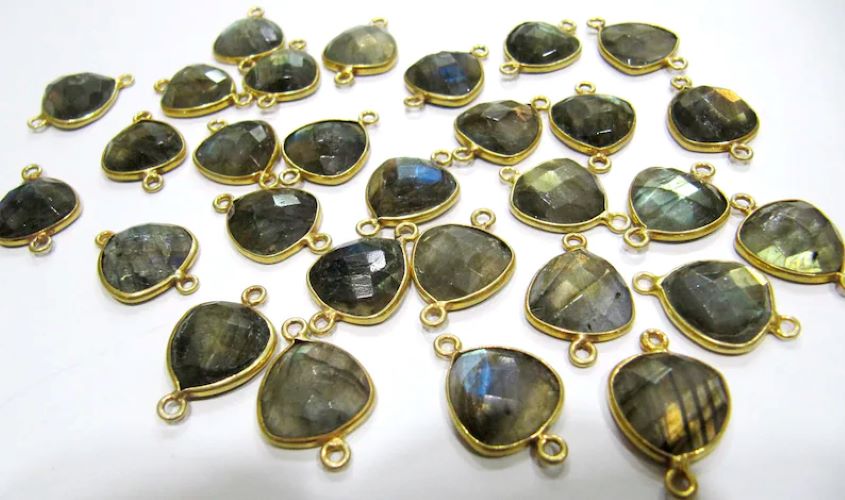 2 Pcs Set Natural Labradorite trillion cut Triangle Shape 14mm Briolette Connectors Gray Double Loop Bezel