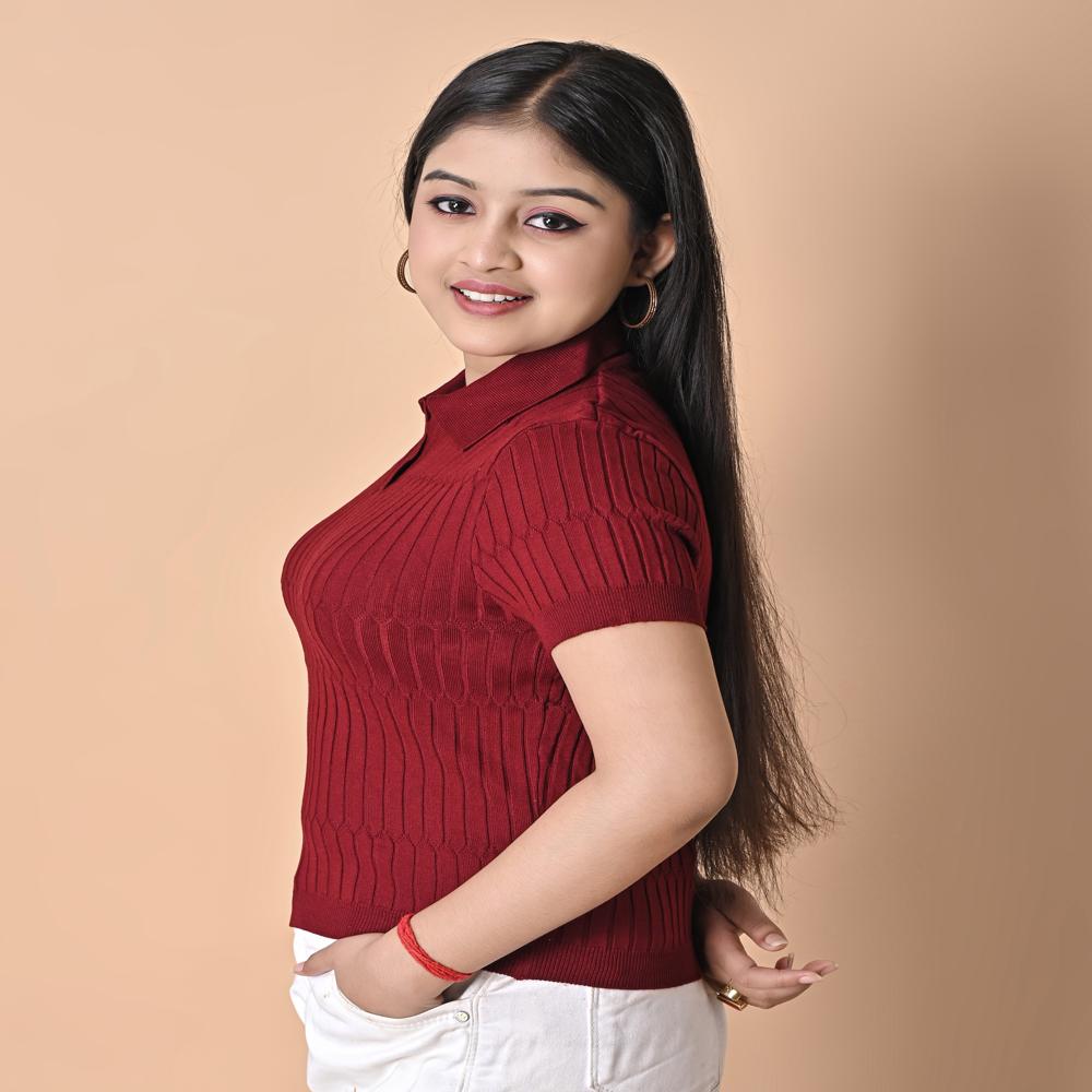 Ladies Ribbed Knit Polo Neck Top - Stylish Casual Short Sleeve Women Top