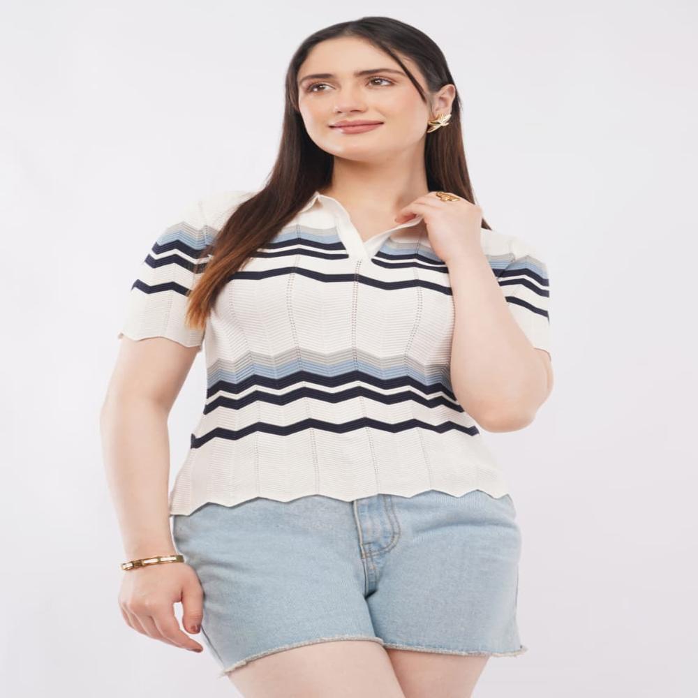 Ladies Zigzag Pattern Knit Polo Top - Stylish Short Sleeve Women Fashion Top 