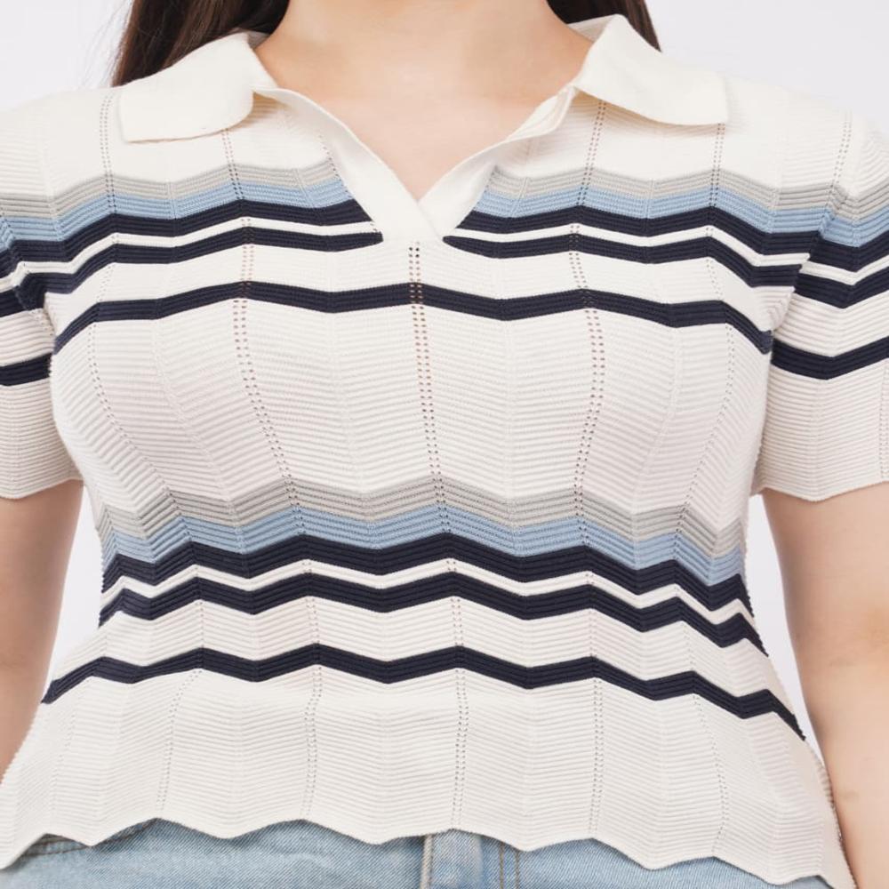 Ladies Zigzag Pattern Knit Polo Top - Stylish Short Sleeve Women Fashion Top 