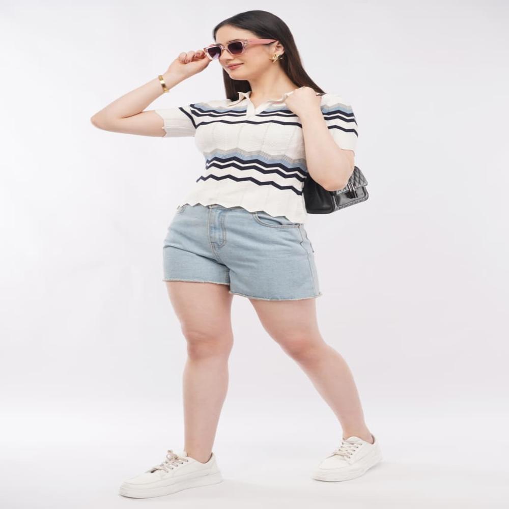 Ladies Zigzag Pattern Knit Polo Top - Stylish Short Sleeve Women Fashion Top 