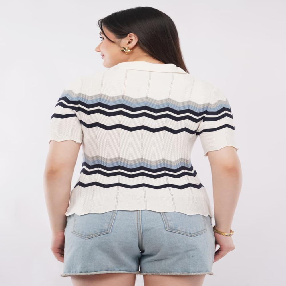 Ladies Zigzag Pattern Knit Polo Top - Stylish Short Sleeve Women Fashion Top 