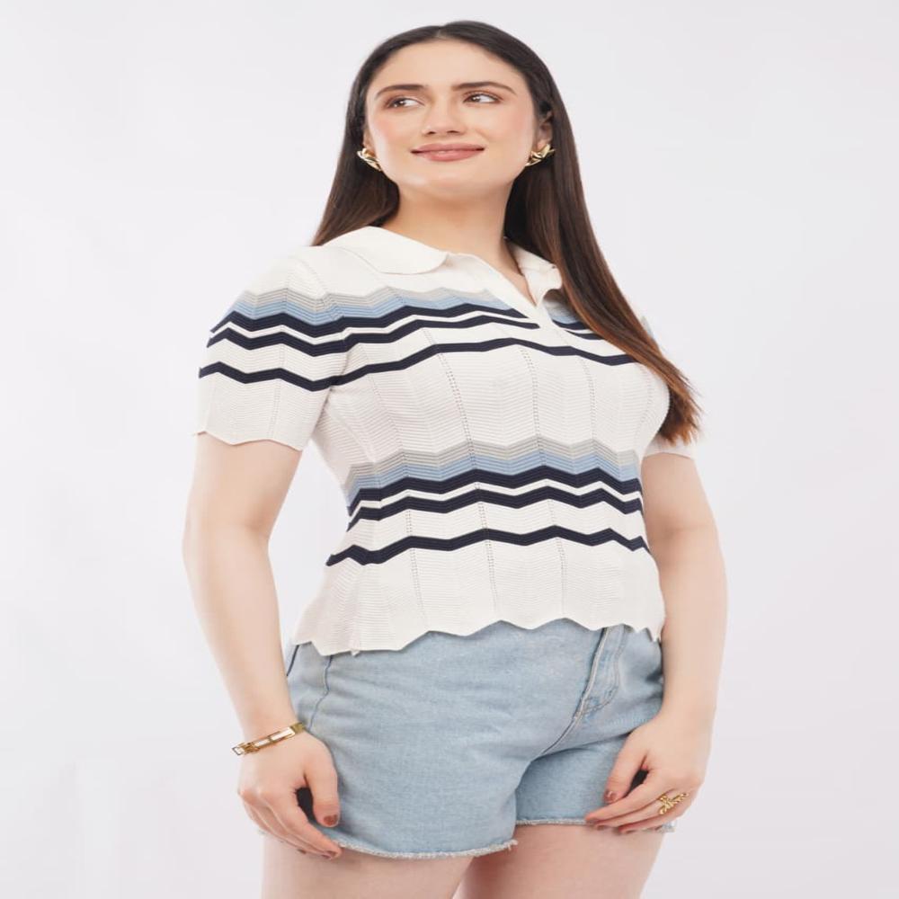 Ladies Zigzag Pattern Knit Polo Top - Stylish Short Sleeve Women Fashion Top 