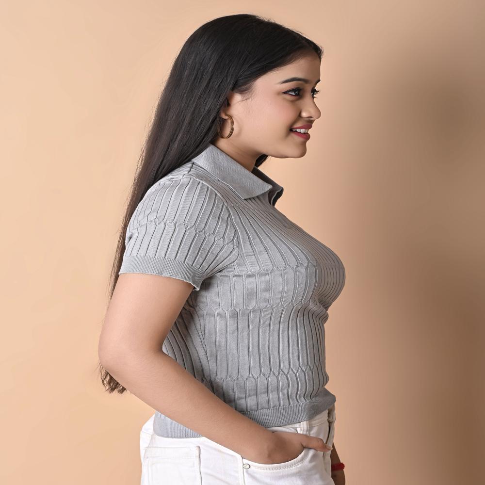 Ladies Ribbed Knit Polo Top - Stylish Women Casual Fashion Top