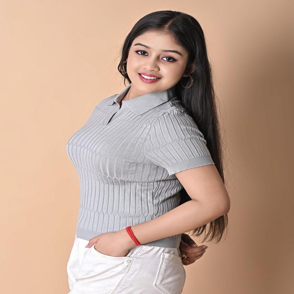 Ladies Ribbed Knit Polo Top - Stylish Women Casual Fashion Top