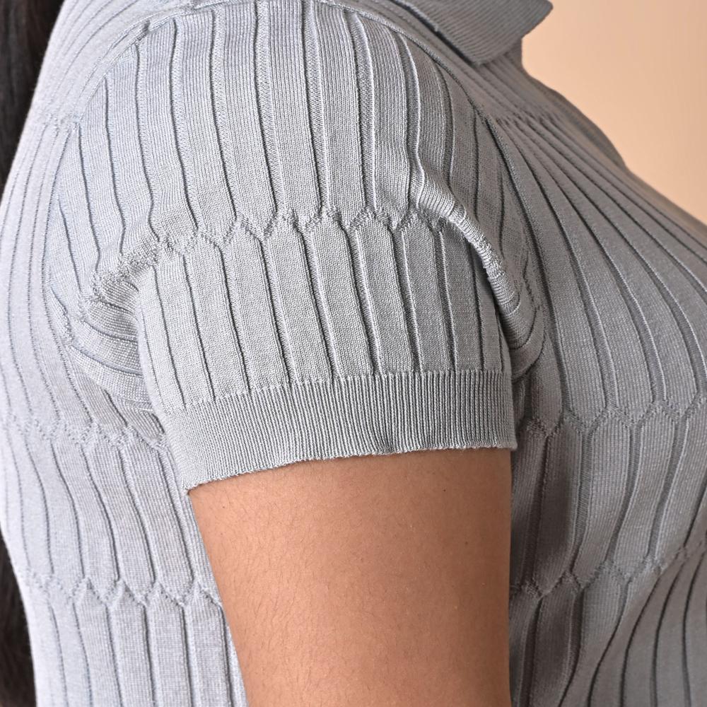 Ladies Ribbed Knit Polo Top - Stylish Women Casual Fashion Top