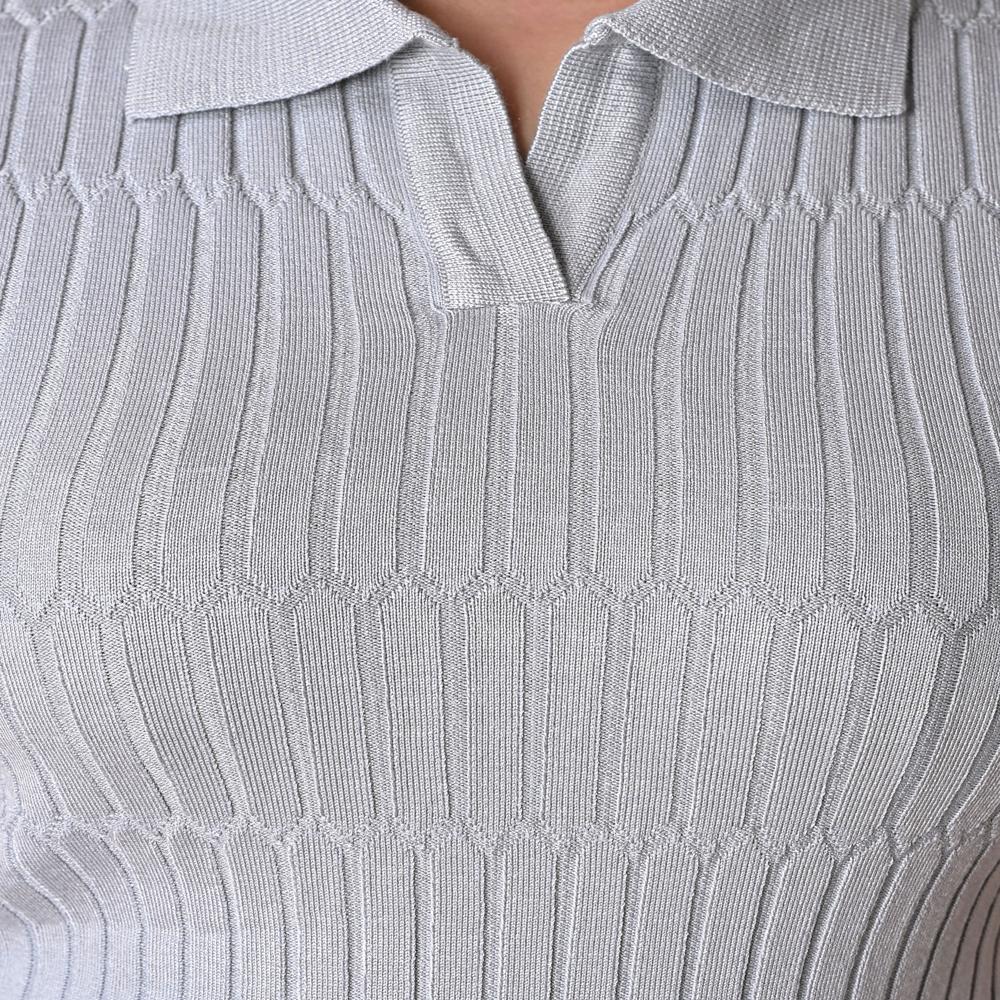 Ladies Ribbed Knit Polo Top - Stylish Women Casual Fashion Top