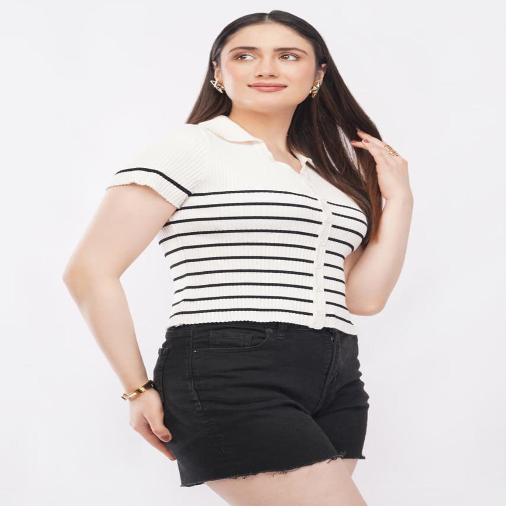 Ladies Striped Ribbed Knit Polo Top - Stylish Short Sleeve Women Casual Top
