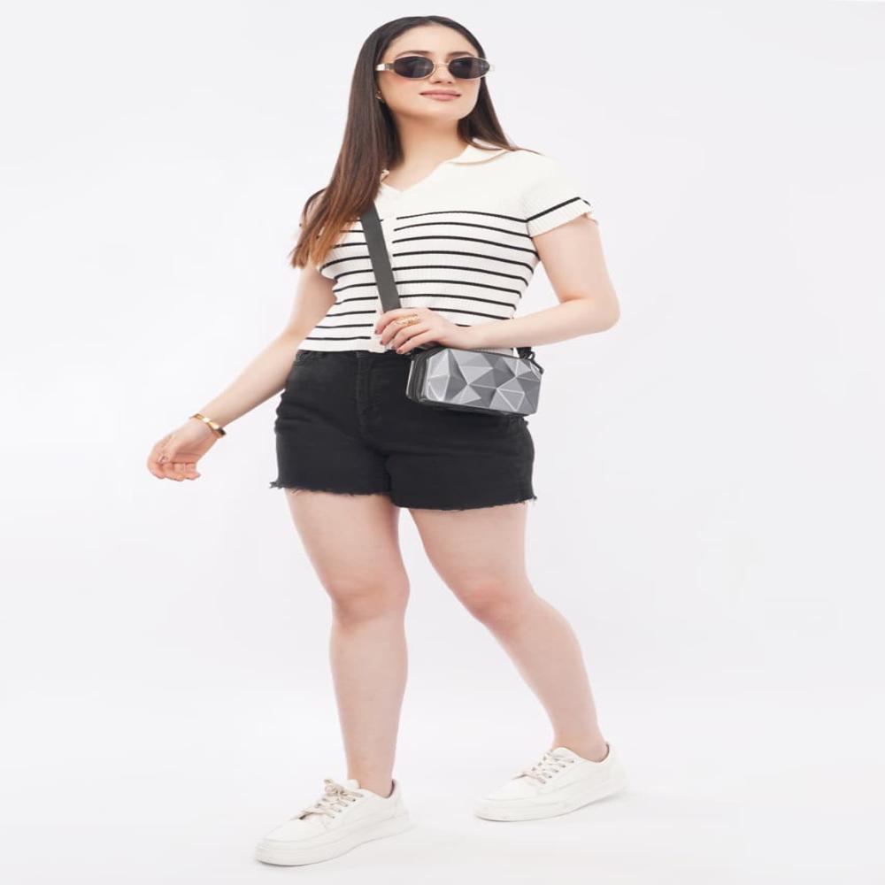 Ladies Striped Ribbed Knit Polo Top - Stylish Short Sleeve Women Casual Top