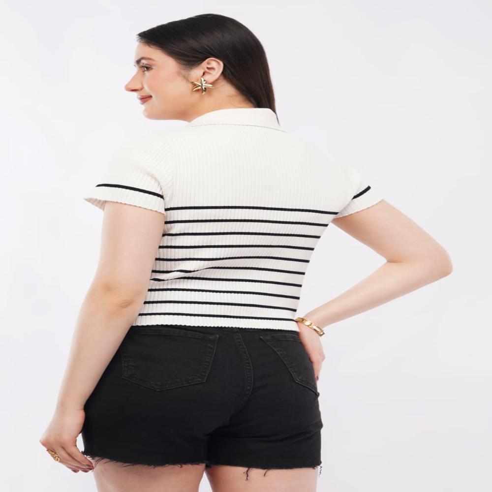 Ladies Striped Ribbed Knit Polo Top - Stylish Short Sleeve Women Casual Top