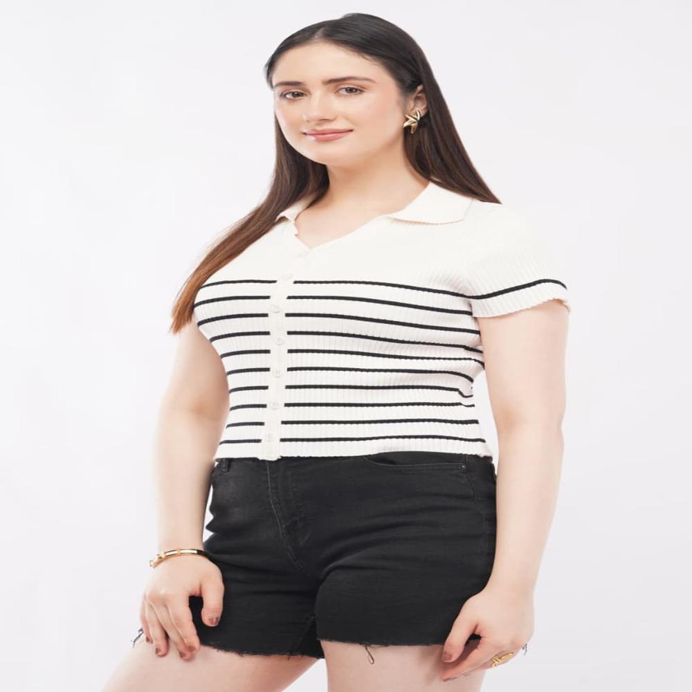 Ladies Striped Ribbed Knit Polo Top - Stylish Short Sleeve Women Casual Top