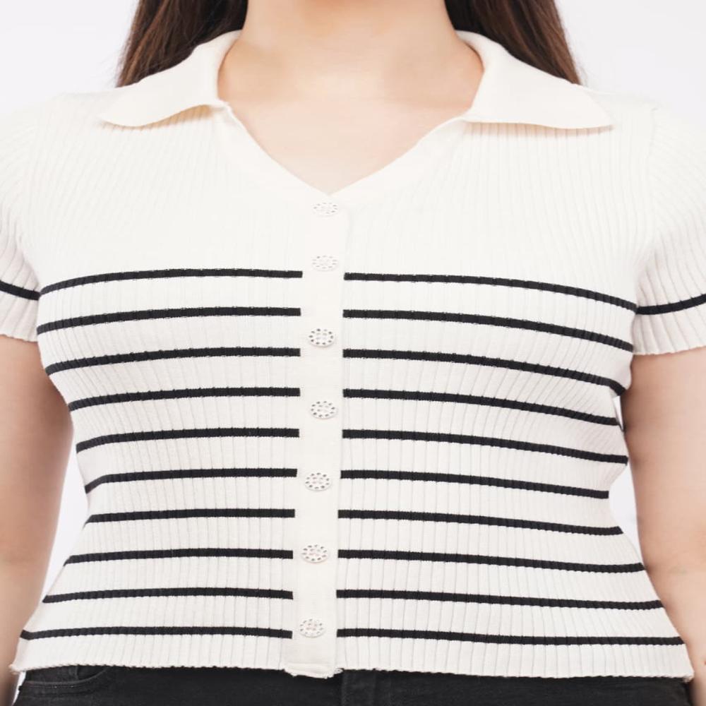Ladies Striped Ribbed Knit Polo Top - Stylish Short Sleeve Women Casual Top