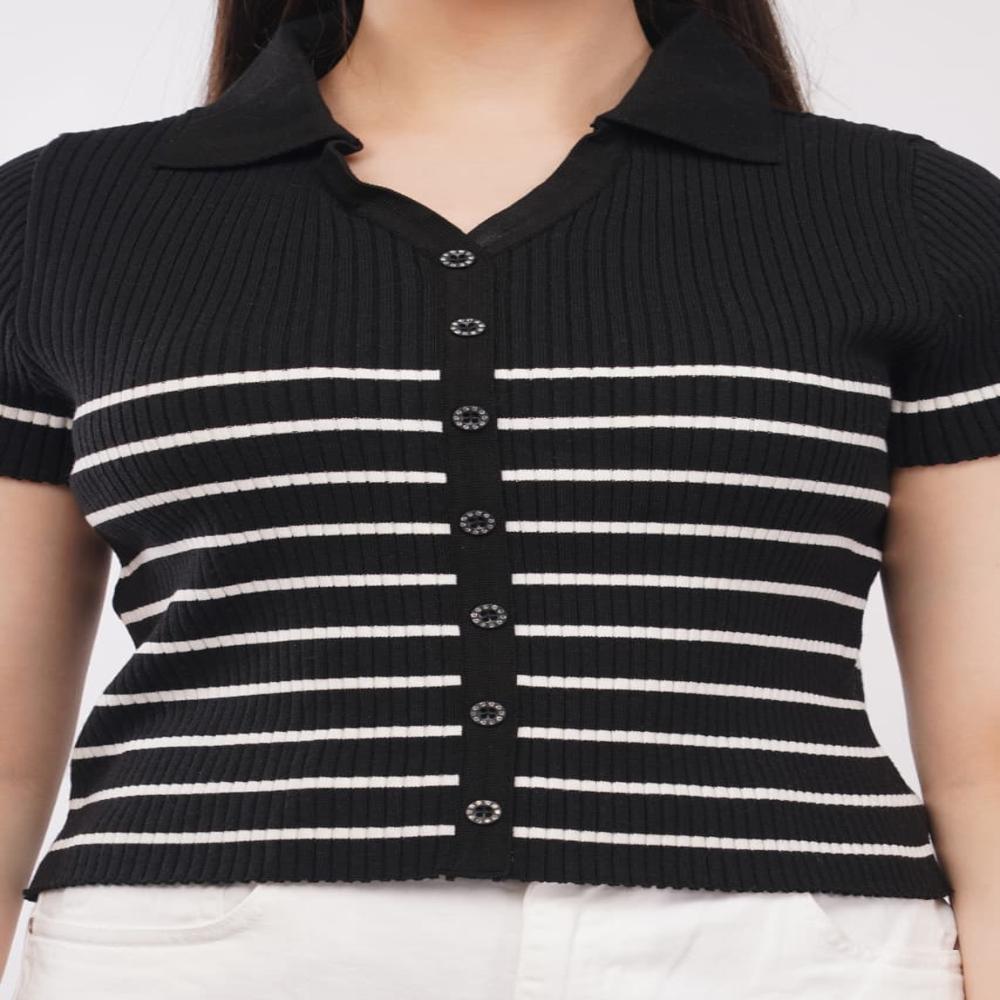 Ladies Striped Ribbed Knit Polo Top - Stylish Button Front Women Casul Top